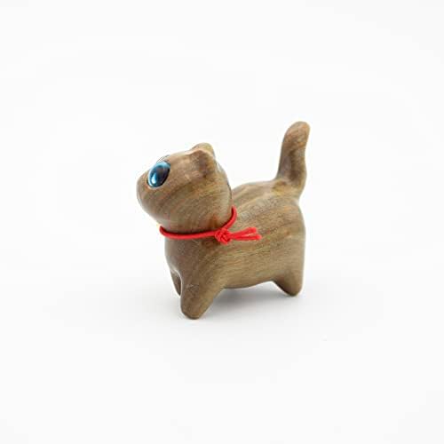 REEZHEE Green Sandalwood Carved Cat Figurine