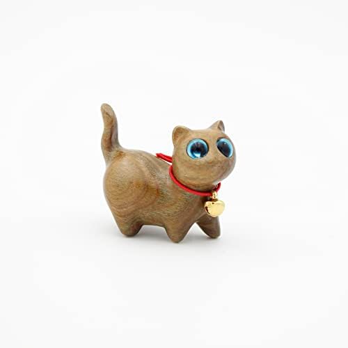 REEZHEE Green Sandalwood Carved Cat Figurine