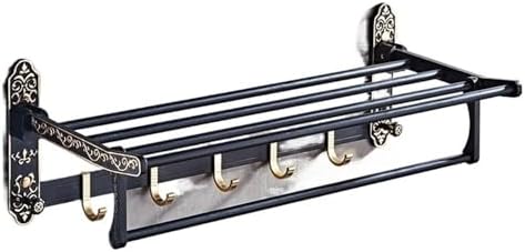Foldable Towel Rack with 7 Hooks and Carved Design Black