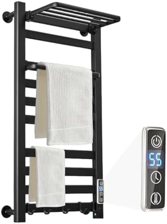 Heated Towel Rack with Shelf and Timer 10 Bars Black
