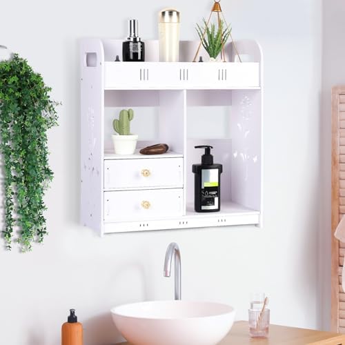 CDAR White Bathroom Cabinet Wall Mounted with 2 Drawers Shelves
