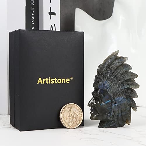 Artistone Labradorite Crystal Indian Skull Statue Hand-Carved