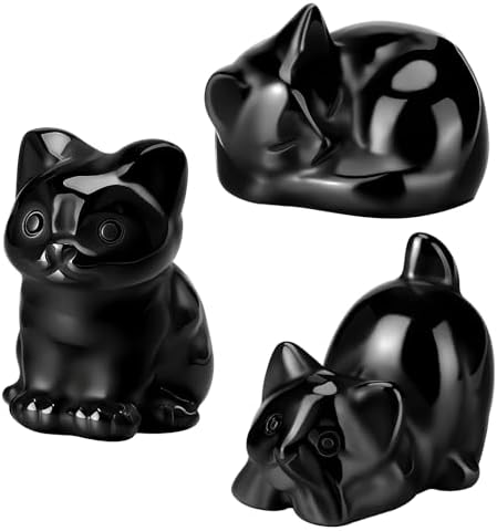 Wesiti 3 Pcs Black Obsidian Cat Figurines Decor