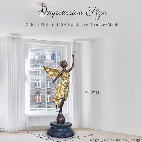 Large Gilded Bronze Angel with Trumpet and Laurel Wreath Sculpture