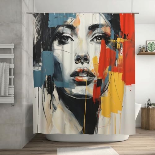 DAOWANGZUO Boho Red Yellow Blue Oil Painting Shower Curtain Set 72x72in