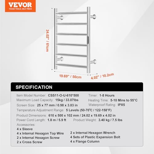 VEVOR 6 Bars Towel Warmer Rack with Timer