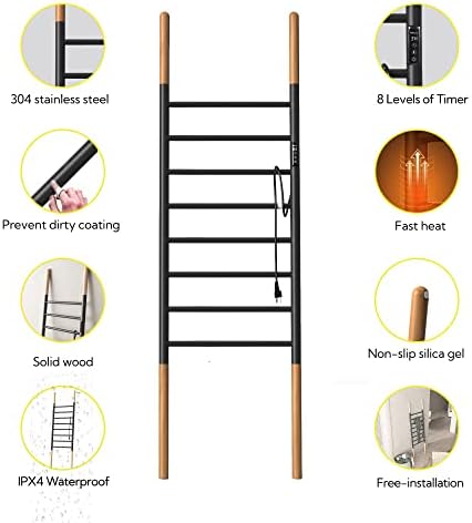 PBhusri 8-Bar Towel Warmer Stand Matte Black Wall-Mounted Electric Drying Rack