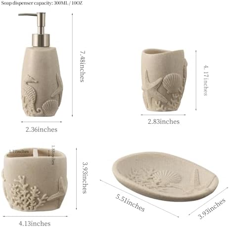 Haocoott 4PC Bathroom Accessory Set with Sea Decor Beige