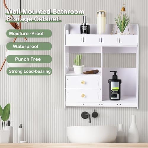 CDAR White Bathroom Cabinet Wall Mounted with 2 Drawers Shelves