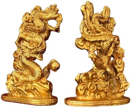 Chinese Brass Dragon Phoenix Lucky Statue Feng Shui Figurine Pair