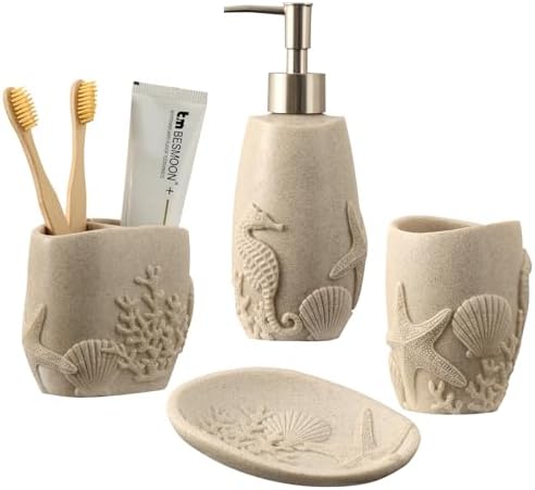 Haocoott 4PC Bathroom Accessory Set with Sea Decor Beige