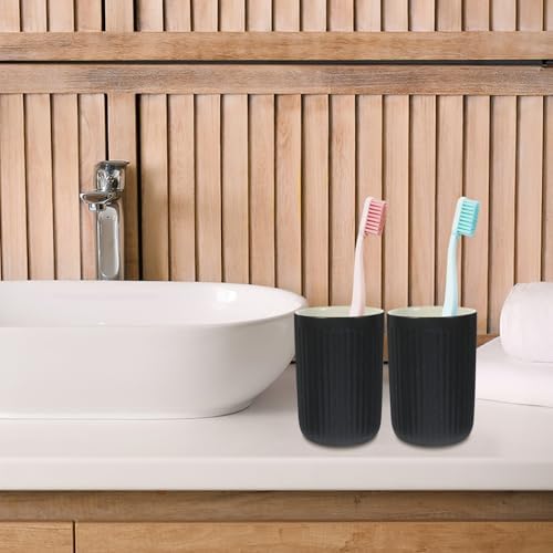 Set of 2 Black Striped Ceramic Toothbrush Holder Cups