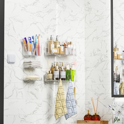 SuoXing 5-Pack Adhesive Shower Caddy with 6 Hooks