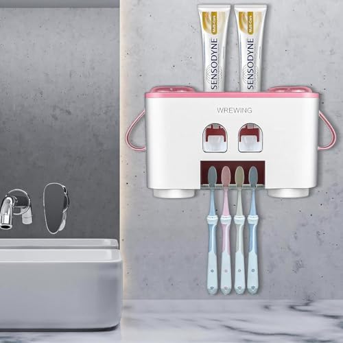 WREWING Toothbrush Holder with 4 Slots and 2 Squeezers Pink