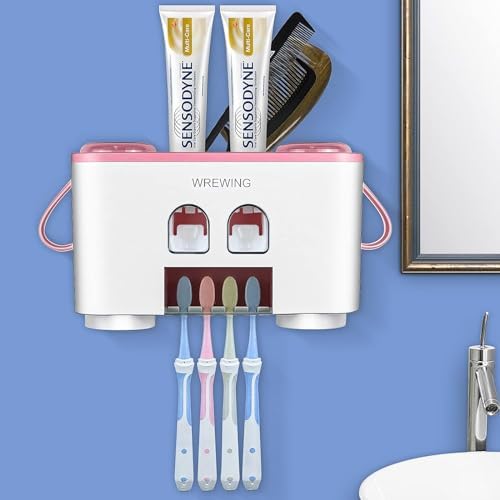 WREWING Toothbrush Holder with 4 Slots and 2 Squeezers Pink