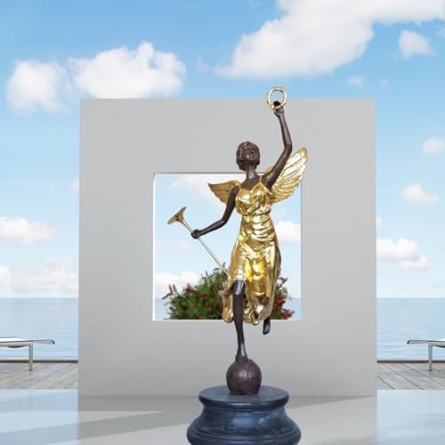 Large Gilded Bronze Angel with Trumpet and Laurel Wreath Sculpture