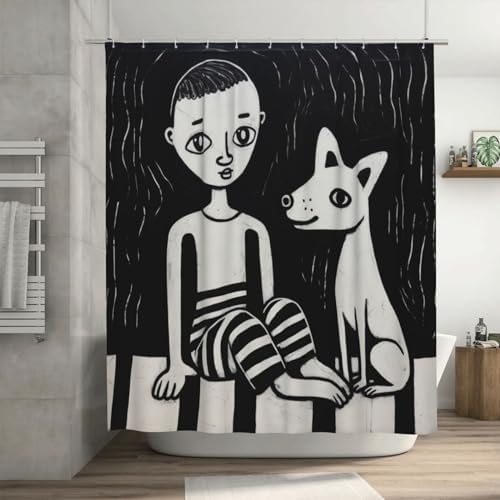 Abstract Boy Dog Shower Curtain Set with 12 Hooks 72x72in