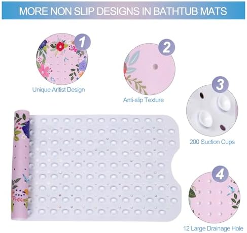 Denifeiya Pink Floral Non Slip Bathtub Mat for Kids