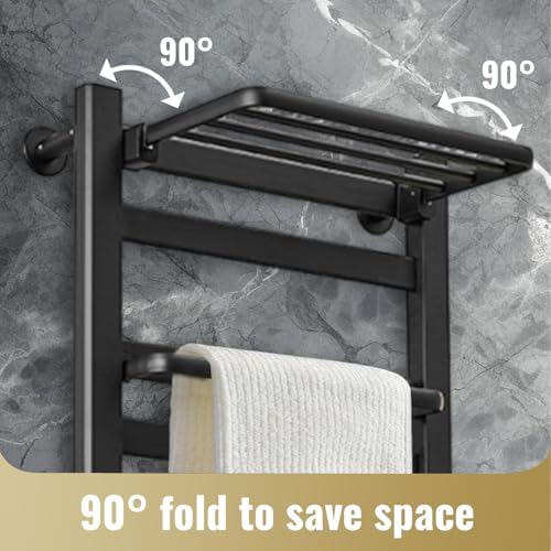 Heated Towel Rack with Shelf and Timer 10 Bars Black