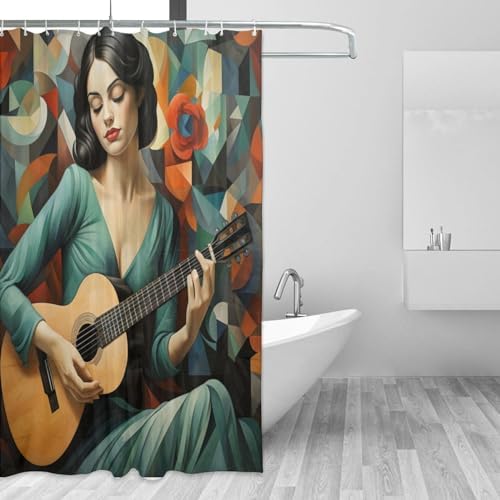 Guitar Girl Bohemian Shower Curtain Set with 12 Hooks 72x72in