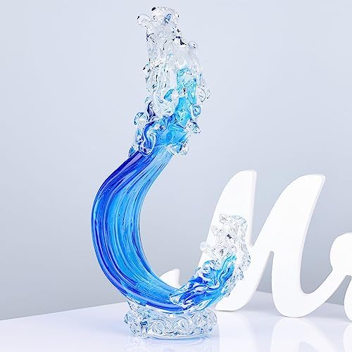 Blue Hand Blown Glass Ocean Wave Statue