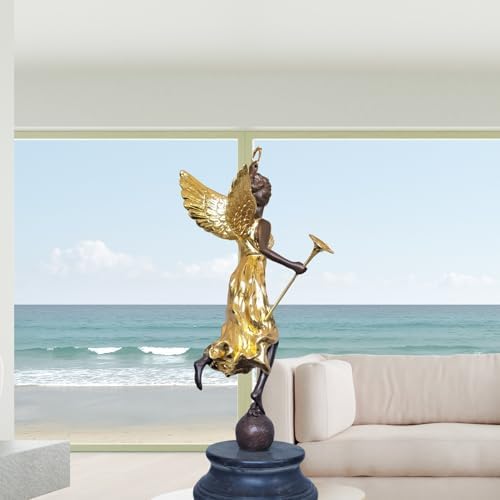 Large Gilded Bronze Angel with Trumpet and Laurel Wreath Sculpture