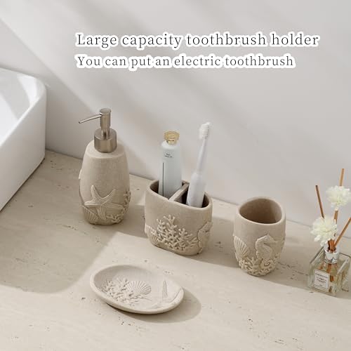 Haocoott 4PC Bathroom Accessory Set with Sea Decor Beige