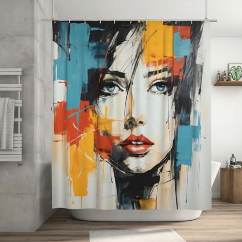 DAOWANGZUO Boho Red Yellow Blue Face Shower Curtain Set with 12 Hooks 72x72in