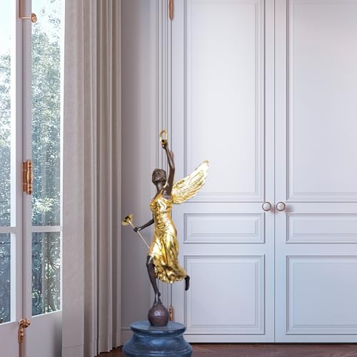 Large Gilded Bronze Angel with Trumpet and Laurel Wreath Sculpture
