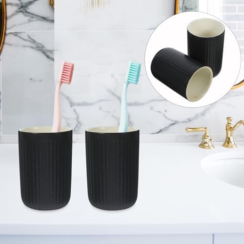 Set of 2 Black Striped Ceramic Toothbrush Holder Cups