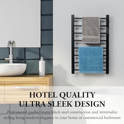 MyGift Hotel Series Matte Black Towel Warmer Rack with LED Control