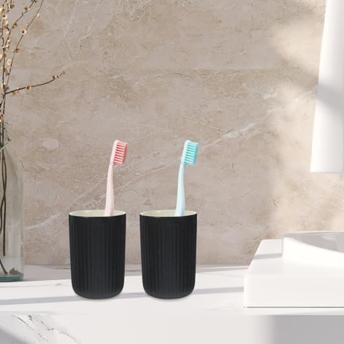 Set of 2 Black Striped Ceramic Toothbrush Holder Cups