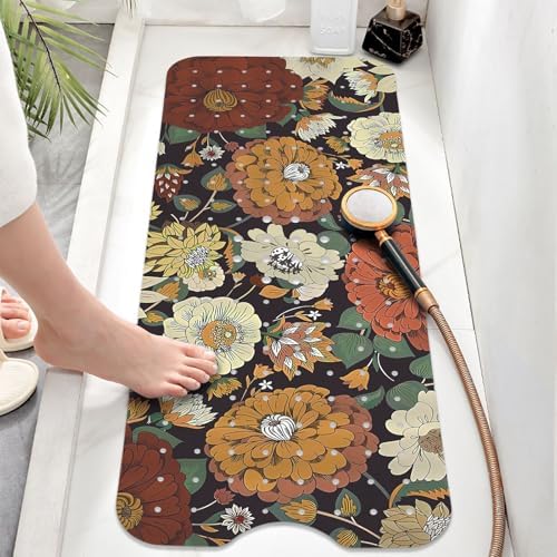 Bohemian Flower Bathtub Mat with Suction Cups and Drain Holes