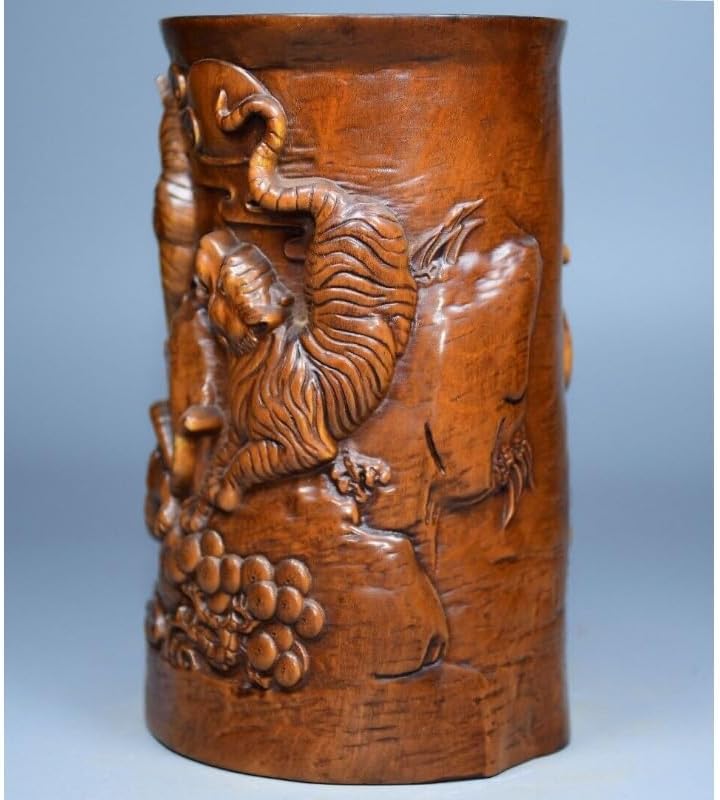 LimpaC Handcrafted Boxwood Animal Five Tiger Pine Brush Pot Statue
