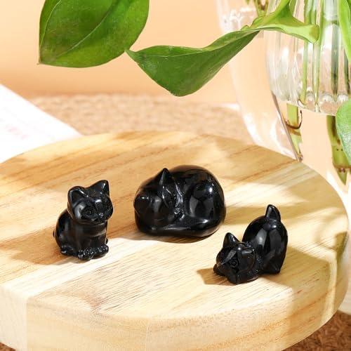 Wesiti 3 Pcs Black Obsidian Cat Figurines Decor
