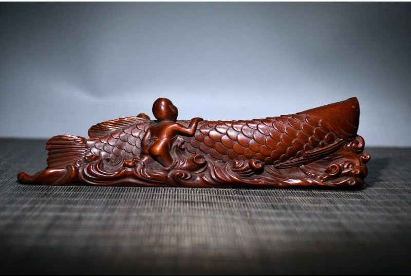 Handcrafted Boxwood Barracuda Fish Sculpture Pen Holder Decor