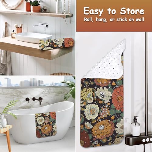 Bohemian Flower Bathtub Mat with Suction Cups and Drain Holes