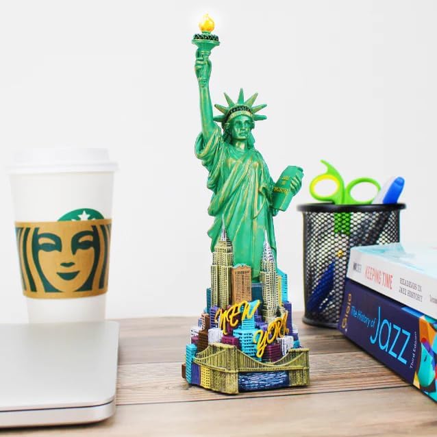 9 Inches Statue of Liberty Replica Statue with Manhattan Skyline and Bridge Base