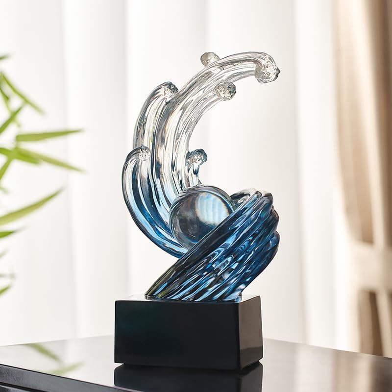 Modern Abstract Wave Sculpture with Crystal Ball Blue and Navy Blue