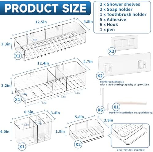 SuoXing 5-Pack Adhesive Shower Caddy with 6 Hooks
