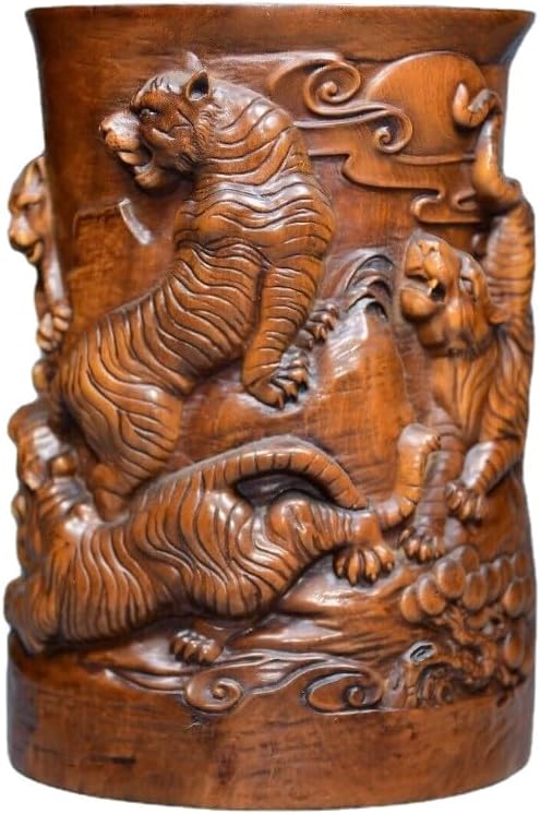 LimpaC Handcrafted Boxwood Animal Five Tiger Pine Brush Pot Statue