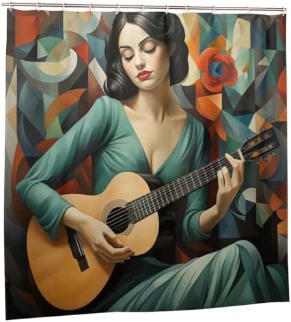 Guitar Girl Bohemian Shower Curtain Set with 12 Hooks 72x72in