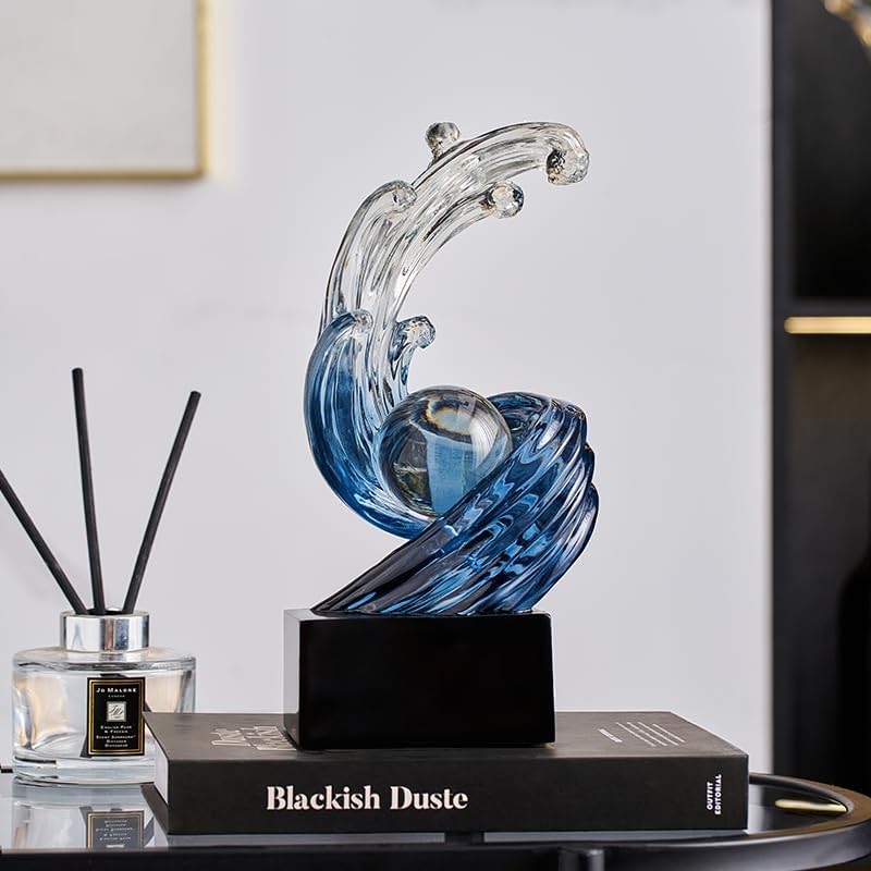 Modern Abstract Wave Sculpture with Crystal Ball Blue and Navy Blue