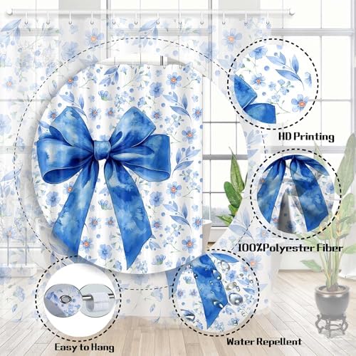 Blue Bow Shower Curtain Set 72x72in