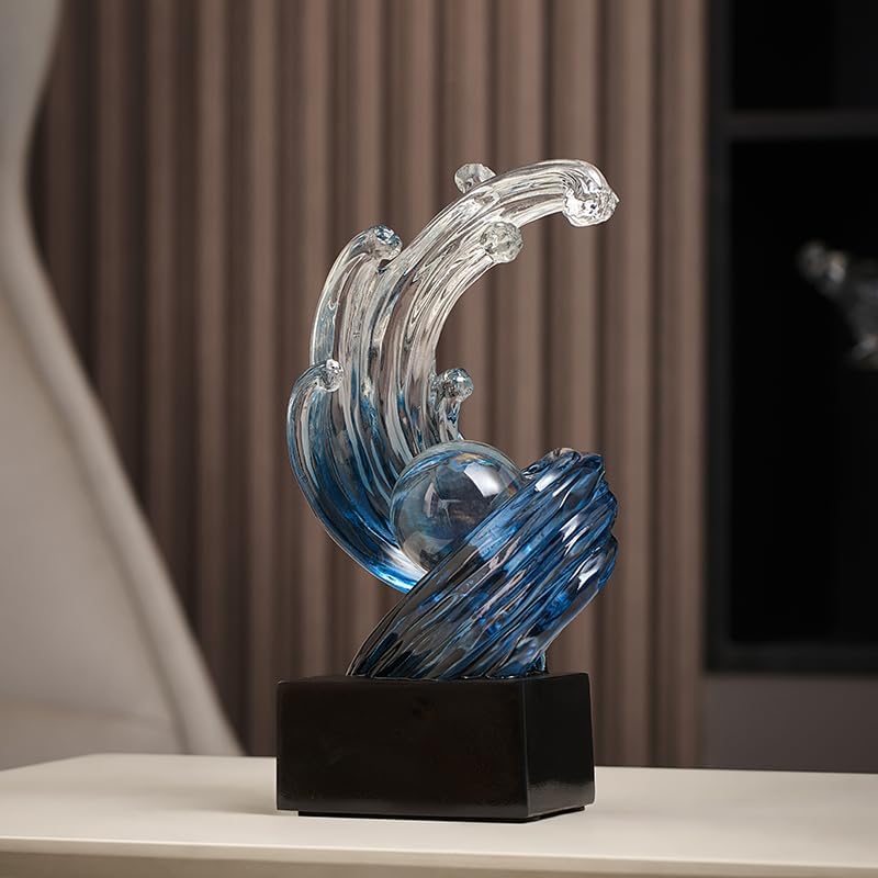 Modern Abstract Wave Sculpture with Crystal Ball Blue and Navy Blue