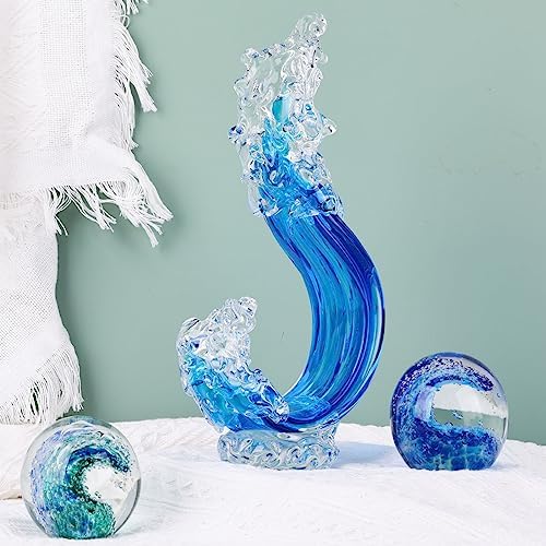 Blue Hand Blown Glass Ocean Wave Statue