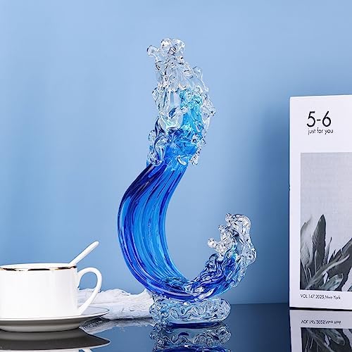 Blue Hand Blown Glass Ocean Wave Statue