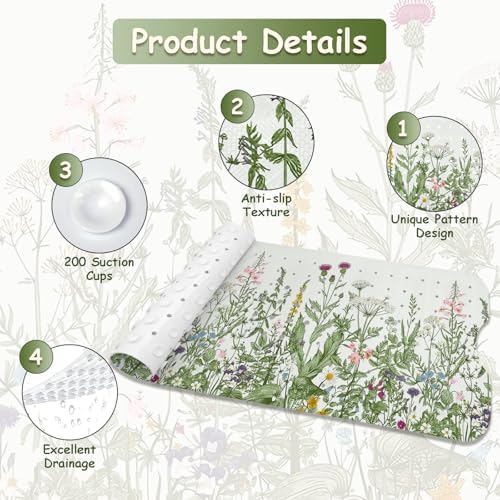 Non Slip Flower Bathtub Mat with Suction Cups 40x16 Inch