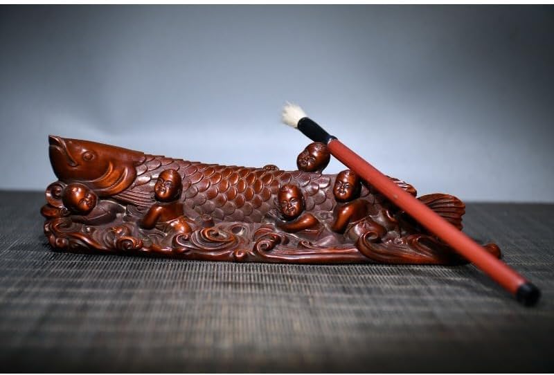 Handcrafted Boxwood Barracuda Fish Sculpture Pen Holder Decor