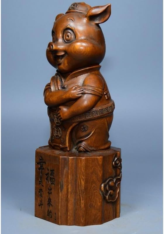 Handcrafted Boxwood Pig Wealth Statue Decor 1